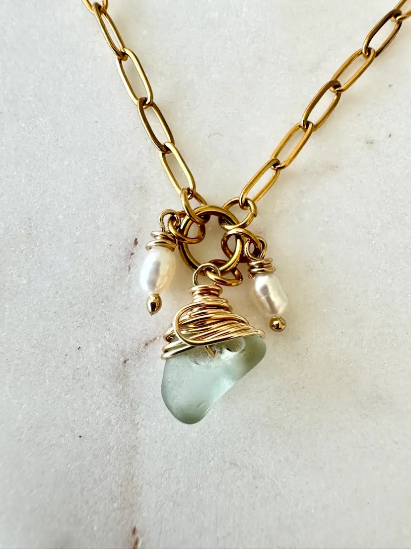 Beach Sea Glass And Pearls Charm Paperclip Necklace #162