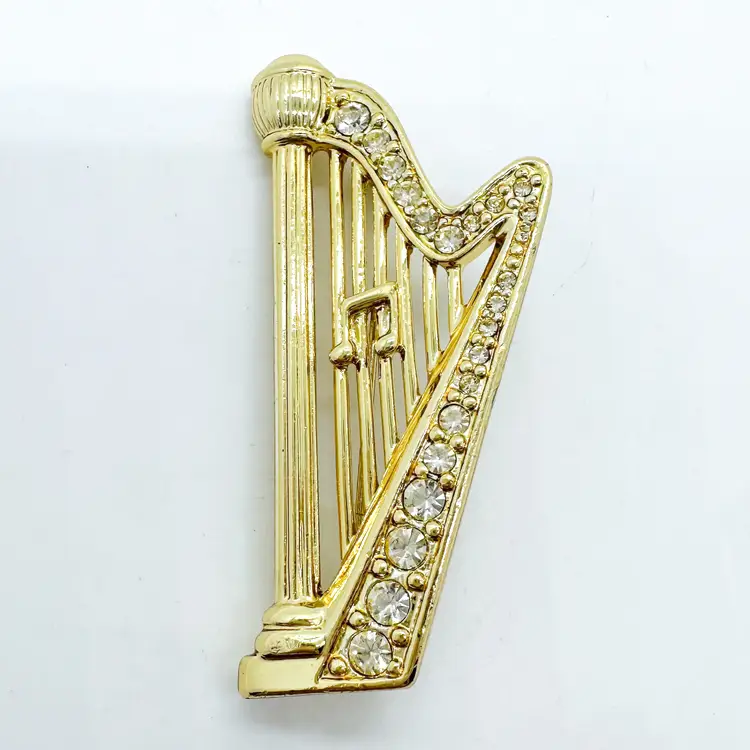 Vintage Danecraft Brooch Gold Tone Music Harp Instrument Crystal Accent Signed 2.5"H B25