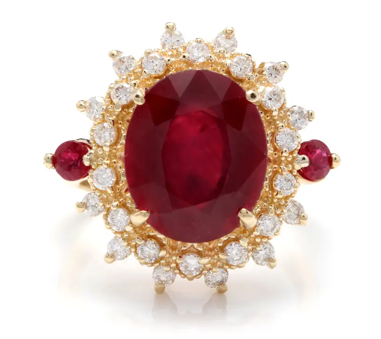 6.70 Carats Red Ruby and Diamond 14K Solid Yellow Gold Ring
