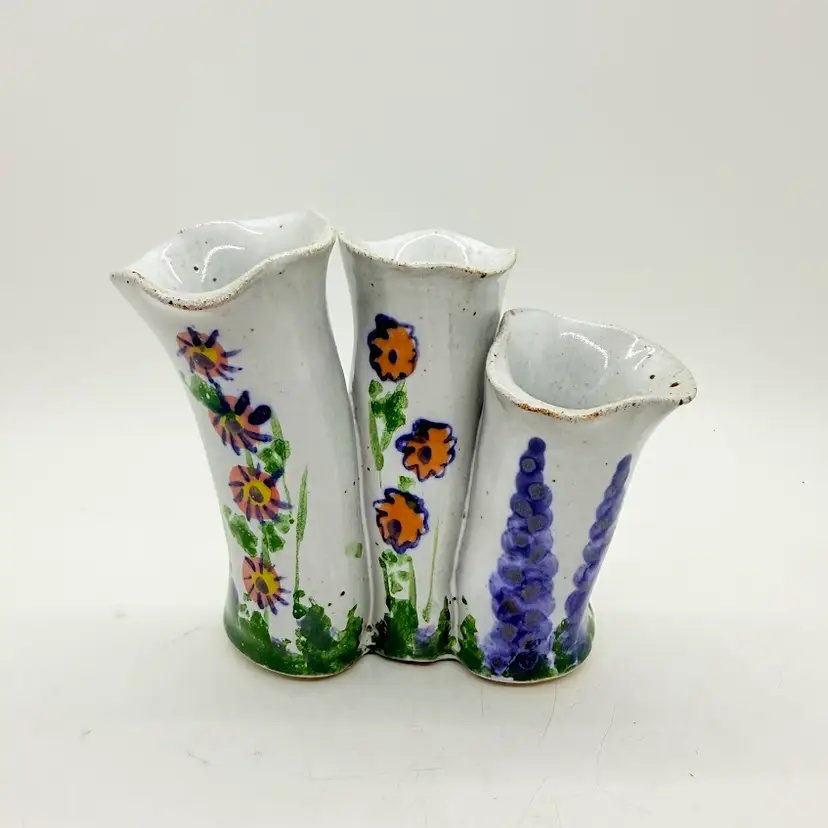 Studio Art Pottery Bud Vase 3-Finger Cluster Speckled Stoneware Signed Hull
