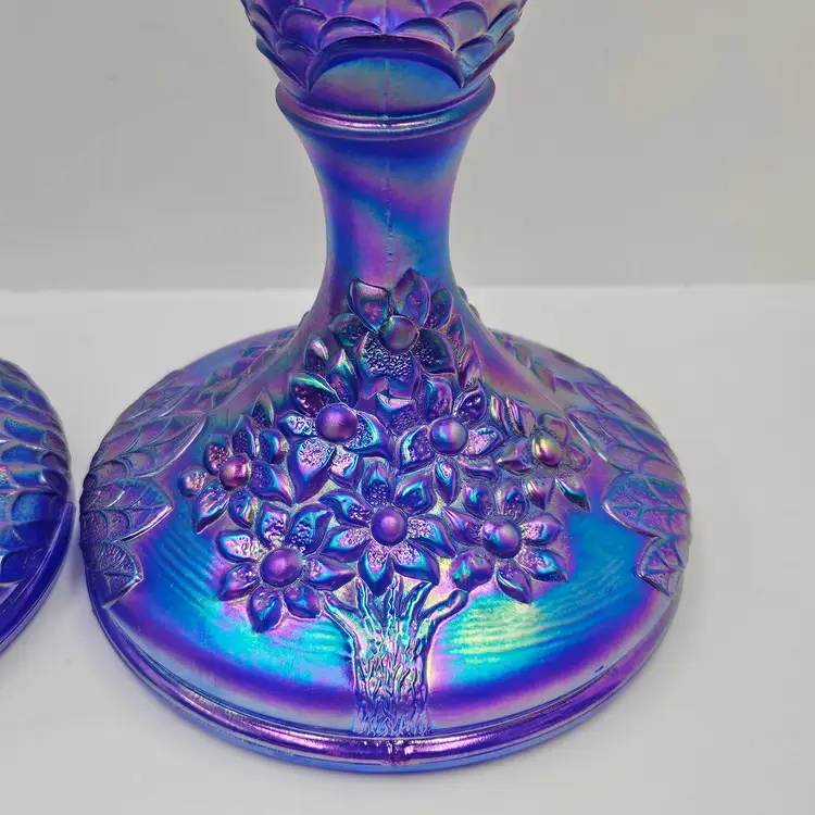 Pair of Fenton Iridescent Blue Carnival Glass Orange Tree Candle Holders
