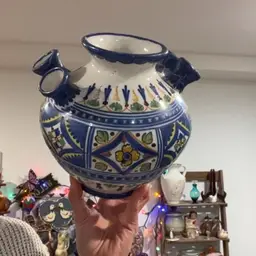 Signed Blue And Green Art Pottery Vessel With Multiple Spouts 7.5”