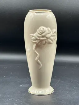 Vintage Lenox Rose Blossom Bud Vase Porcelain 24K Gold Trim Ivory Cream 7.5"