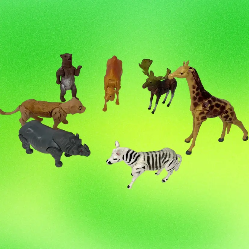 Vtg Jointed Plastic Animals Lot Bear Zebra Tiger Giraffe Rhino Moose Camel 1970s
