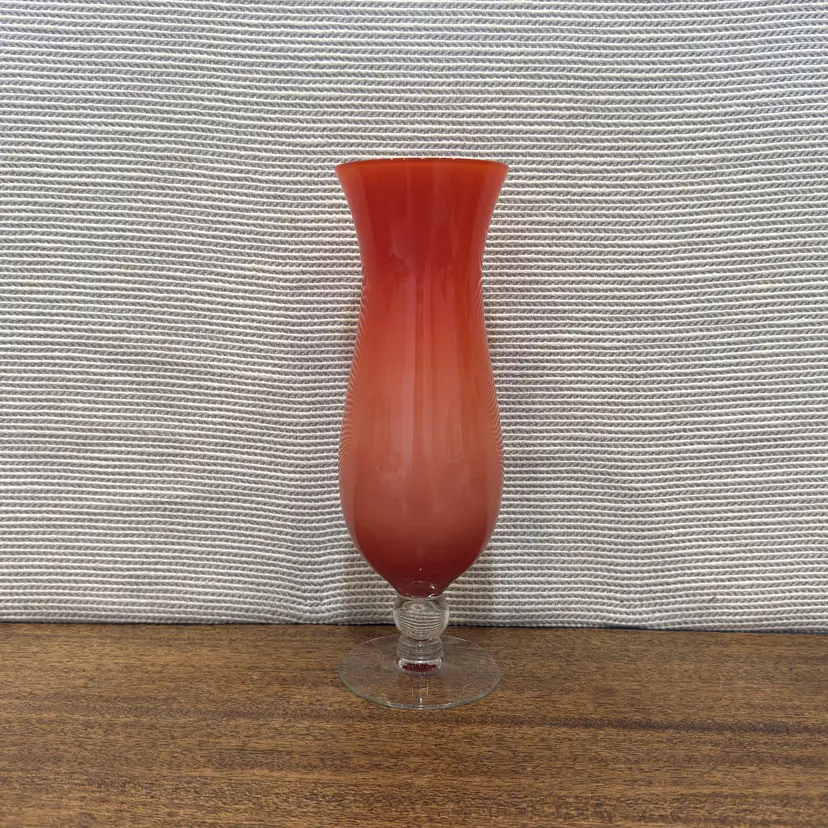 Orange-Red Ombre Blown Glass Bud Vase: Vintage Pedestal Mid Century Decor (0086-26)