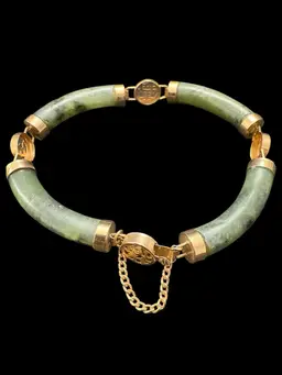 29. Vintage Nephrite Jade Curved Gold Plated Bracelet- Sz 7