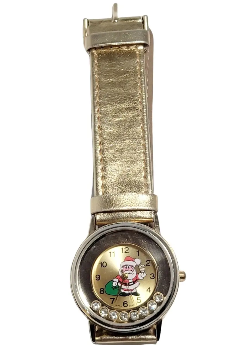Santa Claus Christmas Holiday Watch Wristwatch Gold Band Moving Rhinestone WORKS