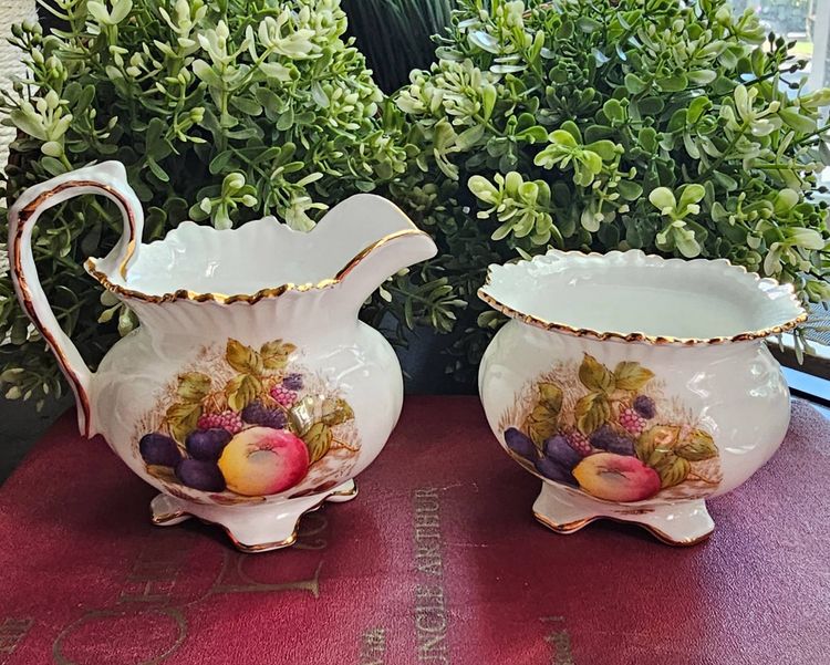 Vintage Aynsley England Bone China Creamer & Open Sugar Orchard Fruit Signed D. Jones