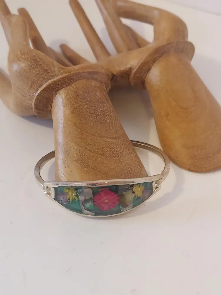 Alpaca Mexico Abalone And Dried Flowers Silver Bracelet