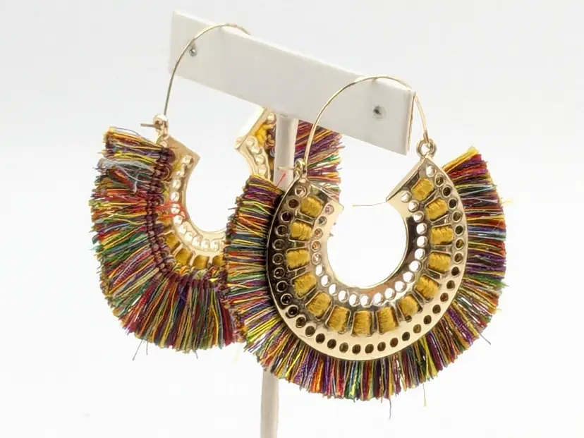 C&C California Fringe Tassel Multi-Color Hoop Earrings Gold Tone