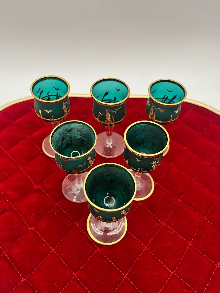 Set Of 6 Royal Crystal Rock (RCR) Cordial Green Frosted  Glasses W/ Gold Paint