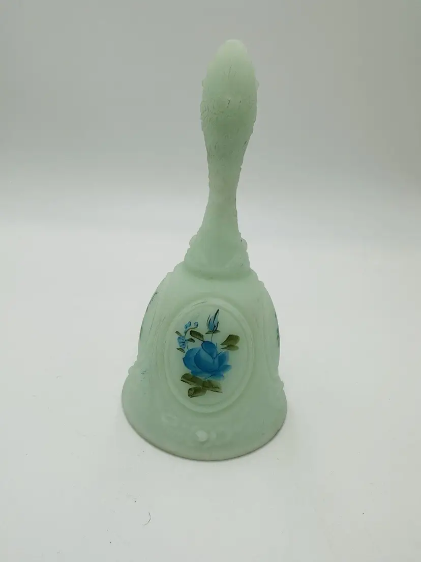 Fenton Bell Blue Roses on Satin Medallion Signed Art Glass Hand Painted Vintage