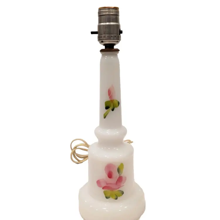 Vintage 1950's Hand Painted Floral Milk Glass Tabletop Bedside Lamp J-2092