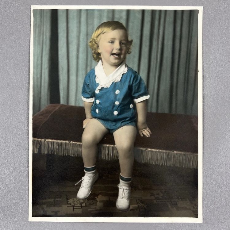 Vintage Tinted Photo Portrait Laughing Toddler Baby Blonde Curls Rosy Cheeks 8x10"