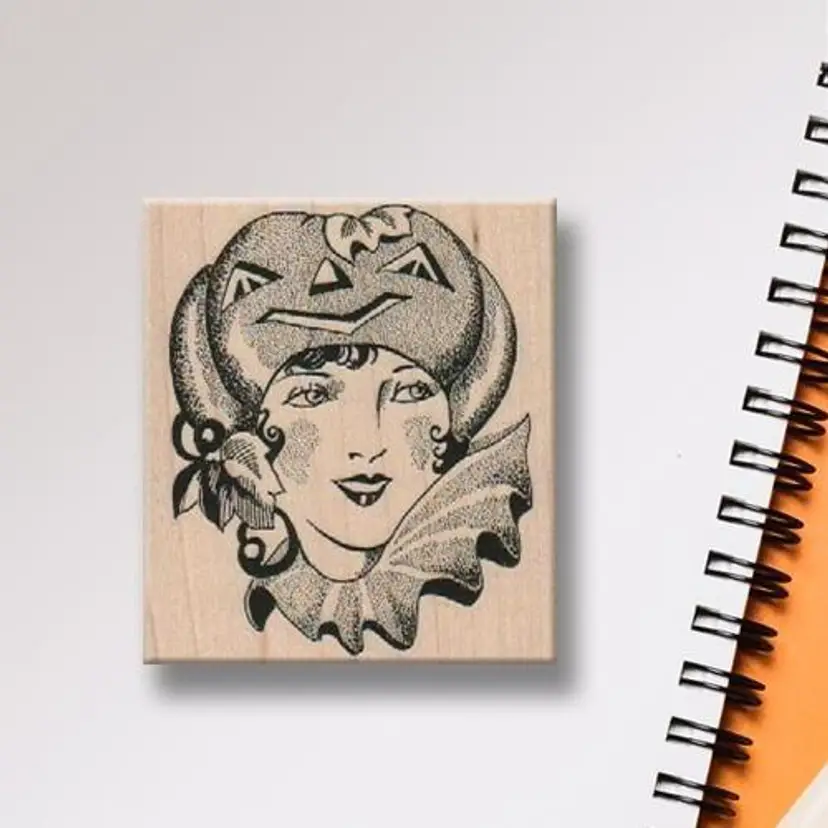 Vintage Woman With Pumpkin Hat Halloween Rubber Stamp