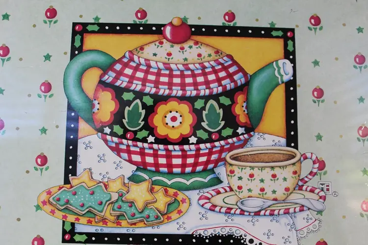 Vintage Mary Engelbreit Christmas Holiday Metal Serving Tray Teapot Cookies 1999