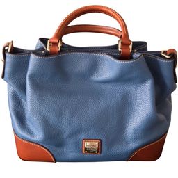 Dooney & Bourke Pebble Grain Leather Blue/Tan Brenna Crossbody/Satchel  Magnetic Closure Modern 12”L x 10” T x 6” W