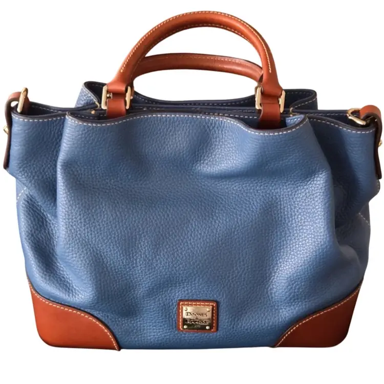 Dooney & Bourke Pebble Grain Leather Blue/Tan Brenna Crossbody/Satchel  Magnetic Closure Modern 12”L x 10” T x 6” W