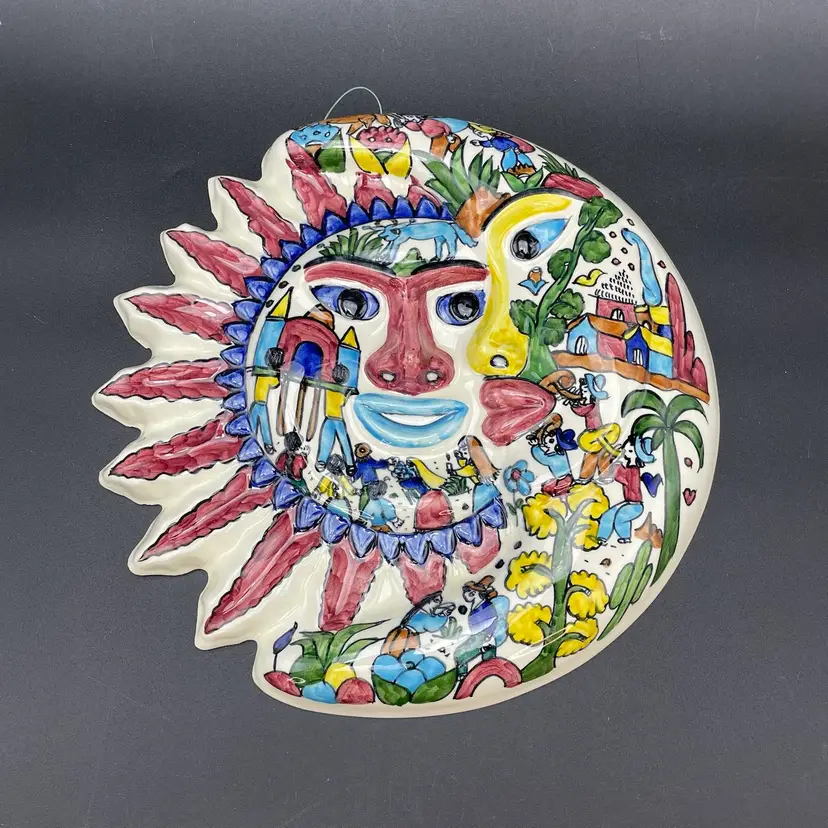 Talavera Celestial Sun Moon Wall Hanging Village Scene Mexican Pottery Signed