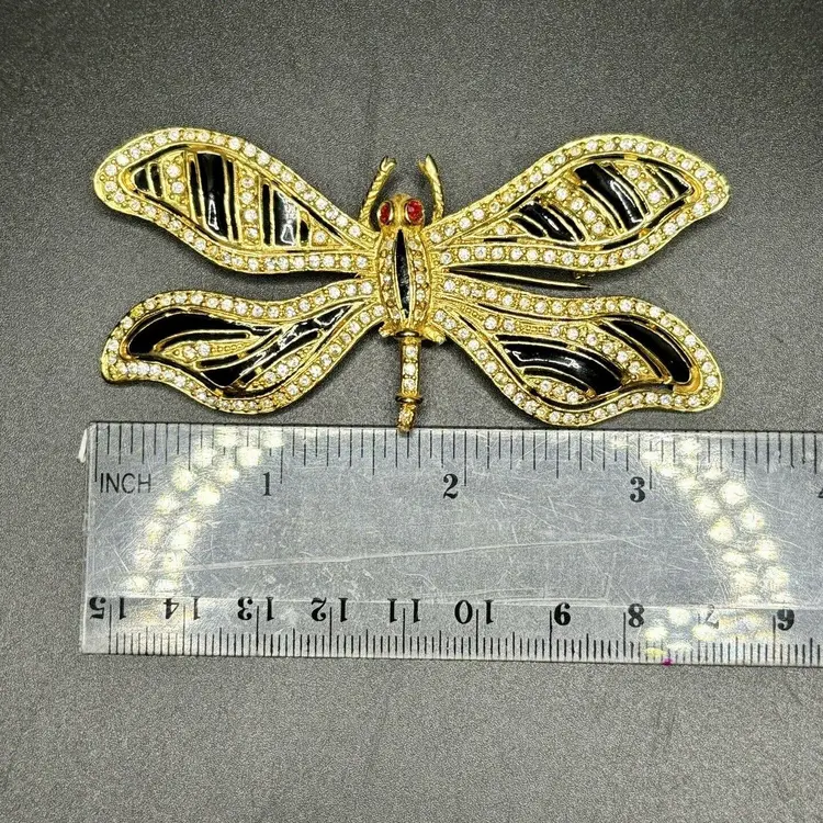 Large Vintage Dragonfly Insect Gold Tone Rhinestone & Enamel Brooch Pin
