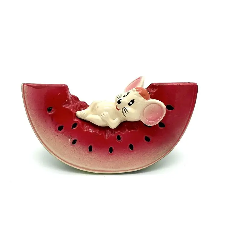 Vintage Kitsch White Mouse on Watermelon Slice Coin Bank Plastic Fruit Hong Kong