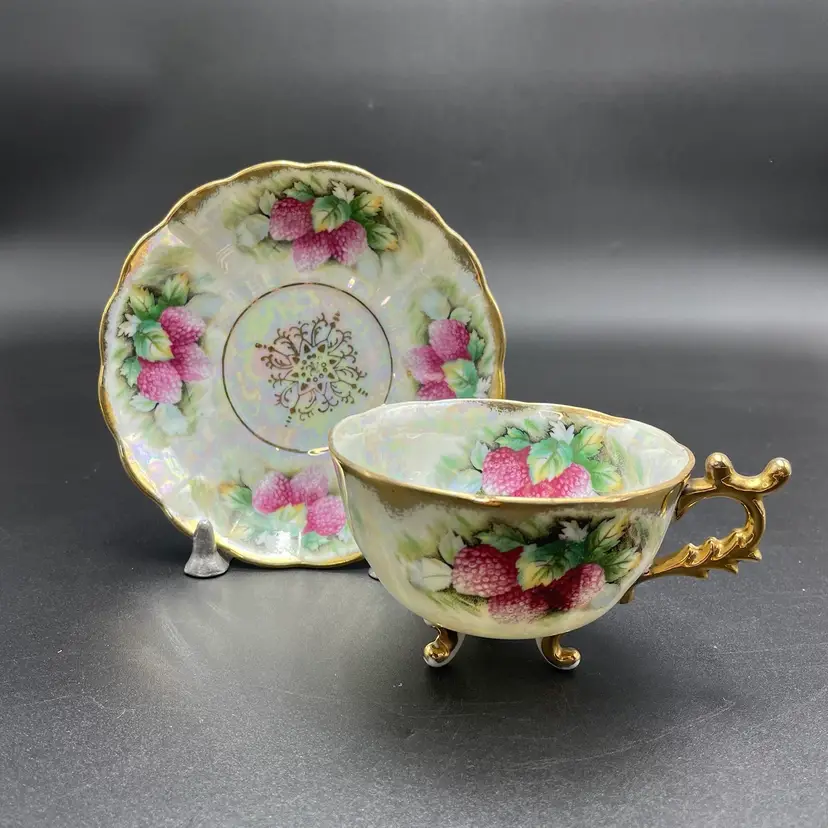 Lusterware Tripod Base Teacup Saucer Raspberries Drinkware Serving