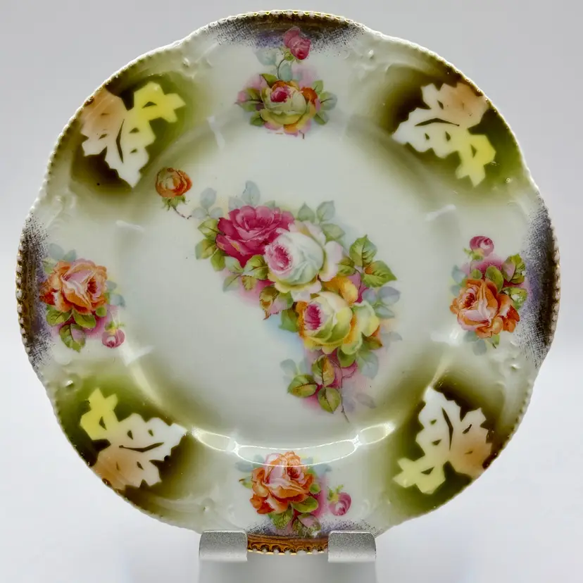 Vintage Floral Porcelain Trinket Dish Saucer With Gilded Accents, Hand Painted Roses, Collectible Display Saucer, Unbranded, Made In Germany