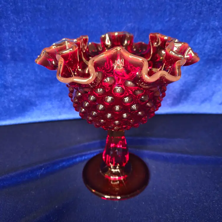 234  Fenton Ruby Hobnail Compote Crested Rim GLOWS VTG