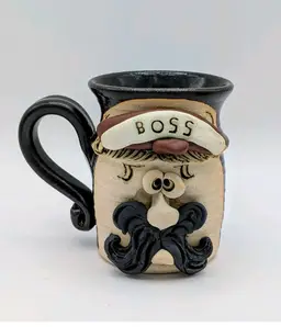 Handmade T. Bradford “BOSS” Character Mug Signed Folk Art 4.5" x 3"