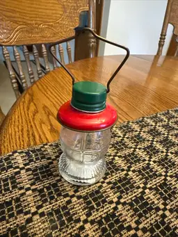 Vintage T.H. STOUGH Glass Lantern Corn Starch Corn Syrup Bottle Red & Green Lid