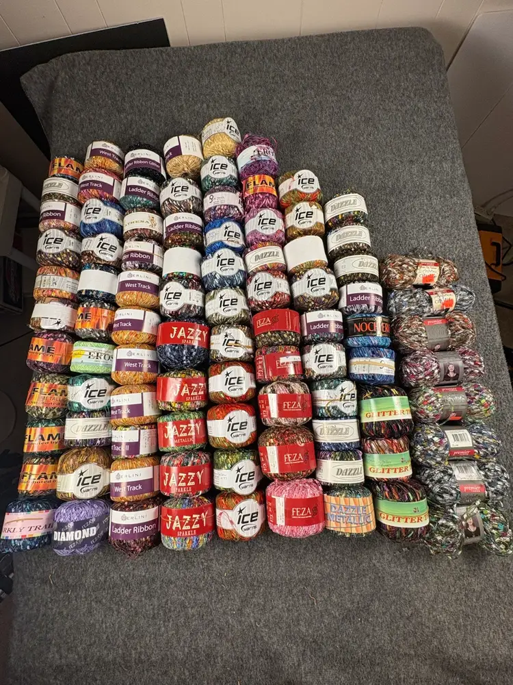 Large Yarn Lot 91 Skeins Mixed Novelty Ladder Ribbon Metallic Ice Premier