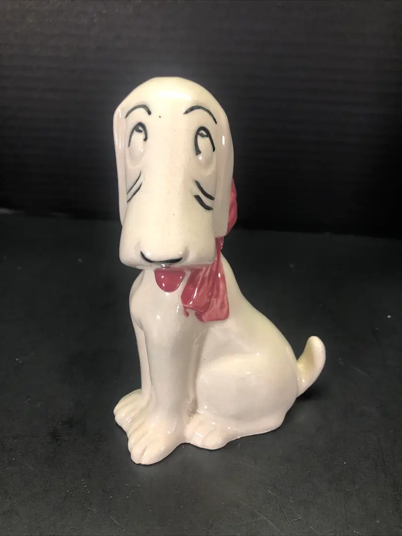 Vtg Porcelain Hound Dog Figurine Mauve Pink Bow Droopy Eyes Japan