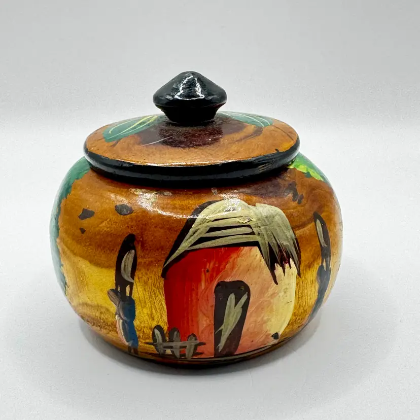 Vintage Hand Painted Haitian Wood Trinket Box Lidded, by Hofh, Made in Port Au Prince
