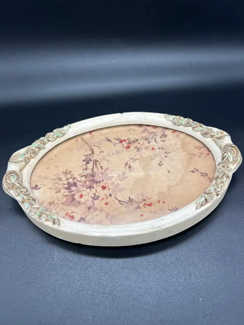 Antique? Barbola Vanity Dresser Perfume Trinket Tray Floral Fabric Under Glass