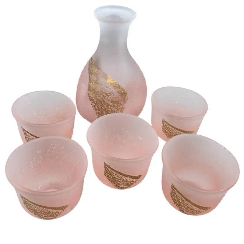 Pink Glass Sake Set Frosted Gold Paint Retro