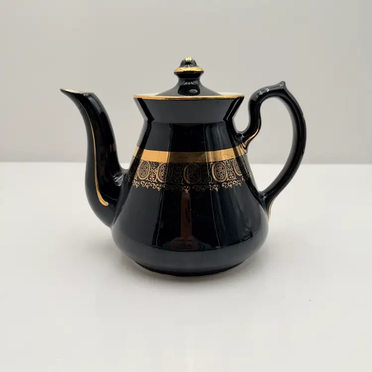 Hall China Vintage Ceramic Black And Gold Teapot
