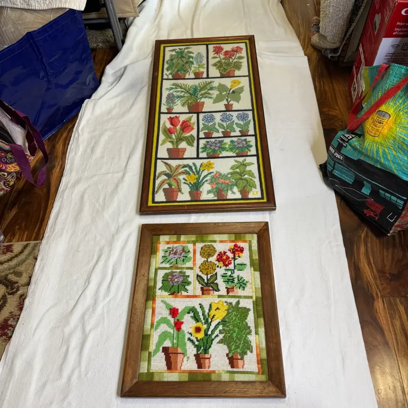 Vintage Framed Floral Needlepoint Wall Art Set - Botanical Potted Plants 2 Pcs