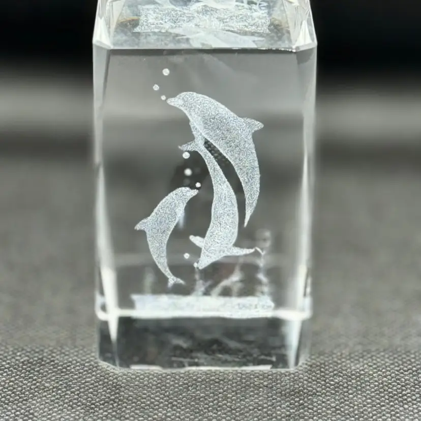 Vintage Dolphins Frosted Laser Etched Art Glass 3D Paperweight, Handcrafted, Unbranded