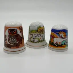 Collection Of 3 Vintage Creative Circle Porcelain Thimble Miniature Decor Owl Unicorn Cottage/House Blessing