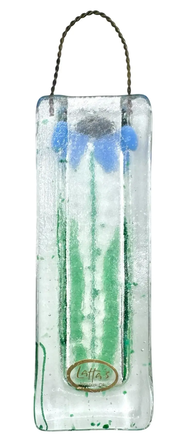 Latta’s Studio Art Fused Glass Hanging Bud Vase Wall Pocket Floral Blue Green
