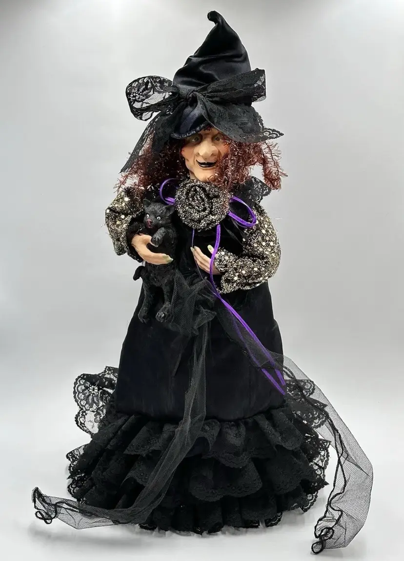 Witch Holding Black Cat Halloween Tree Topper Statue Black Tulle Lace Fringe Decorative Decor