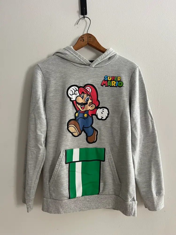 Nintendo Super Mario Grey Hoodie Youth XL Green Pipe Gamer Streetwear Kidcore