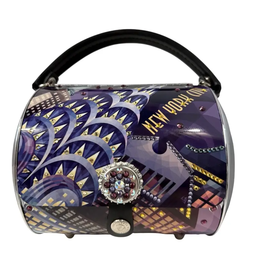 Little Earth Barrel Purse New York City Different Shades of Purple Jewels Labeled