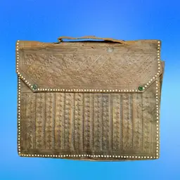 12.75” Vintage Leather Folder Carrying Case Portfolio, Hand Punched Designs