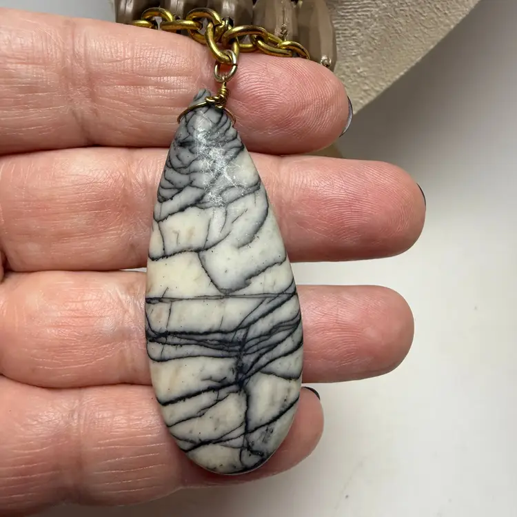 David Aubrey 21" Statement Necklace Brasstone Brown Bead Teardrop Stone Pendant