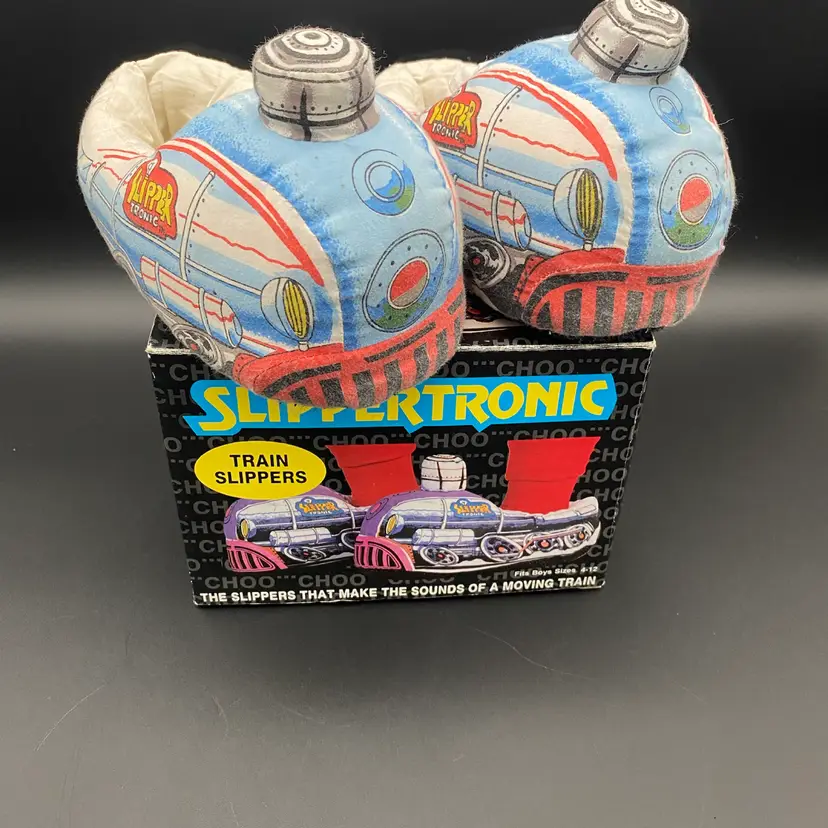 Slipper Tronic Boy's Size 4-12 Train Slippers w/ Box - VTG Gemmy - Rare