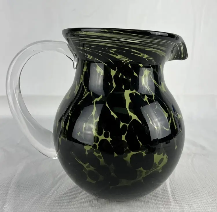 Art Glass Pitcher Dark Green Clear 7.5” Tall Heavy Geometric Swirl Pattern Blown