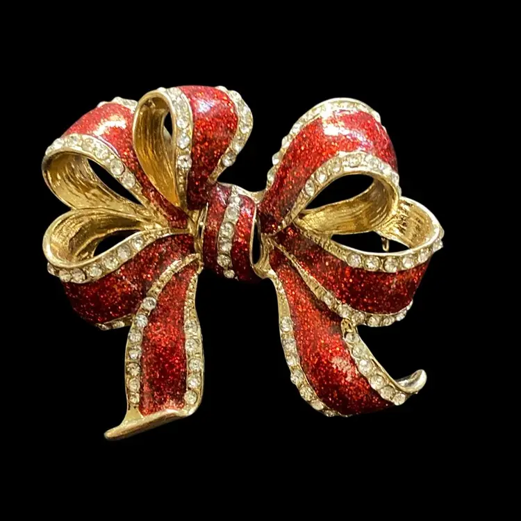 Sparkly Red Bow Brooch With Rhinestones