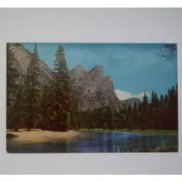 Yosemite Valley Merced River 3 Brothers Color RPPC Postcard c1947 Union Oil Co Posted