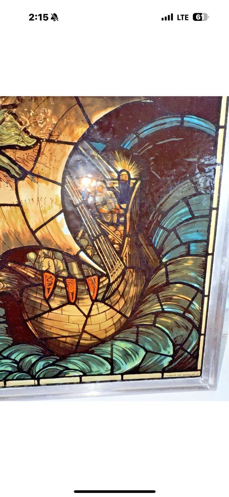 MCM Framed Viking Ship Stained Glass Picture Vintage, 10 in by 10 in
